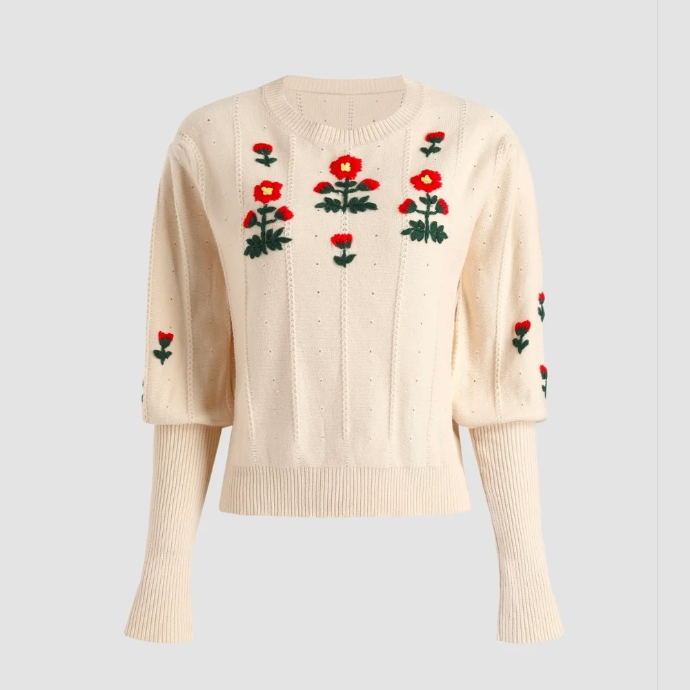Cider Floral Pattern Embroidered Knit Long Sleeve SZ L - Picture 2 of 14